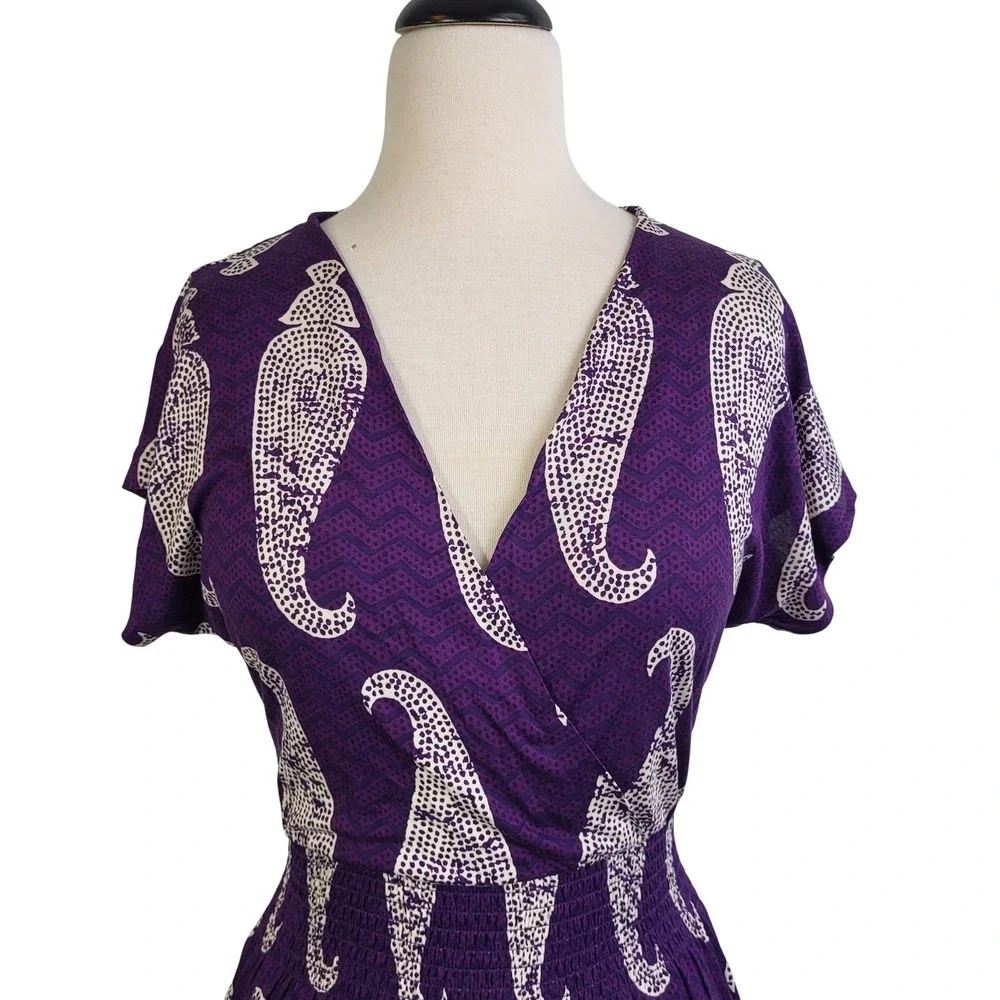 Tory Burch Purple Silk Paisley Smocked Waist V-Neck Dress Size S‎ Garden Party